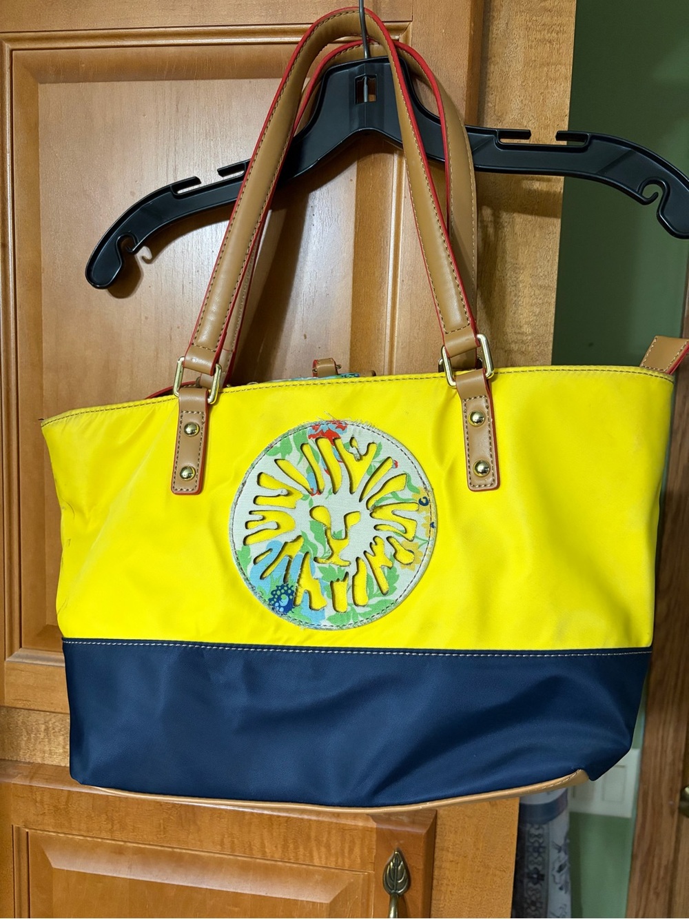 Anne Klein Yellow and Navy Two-Tone Canvas Tote with Lion Emblem